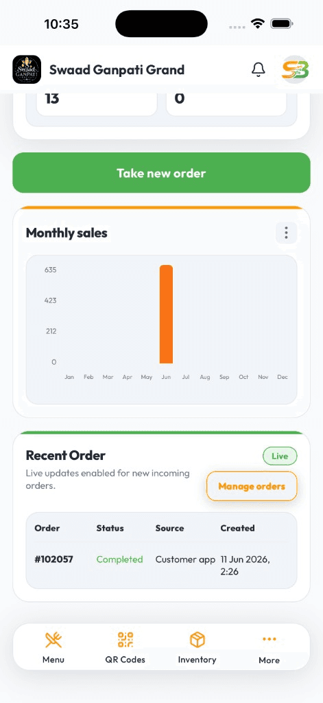Swad POS mobile app showing monthly sales chart and recent live orders