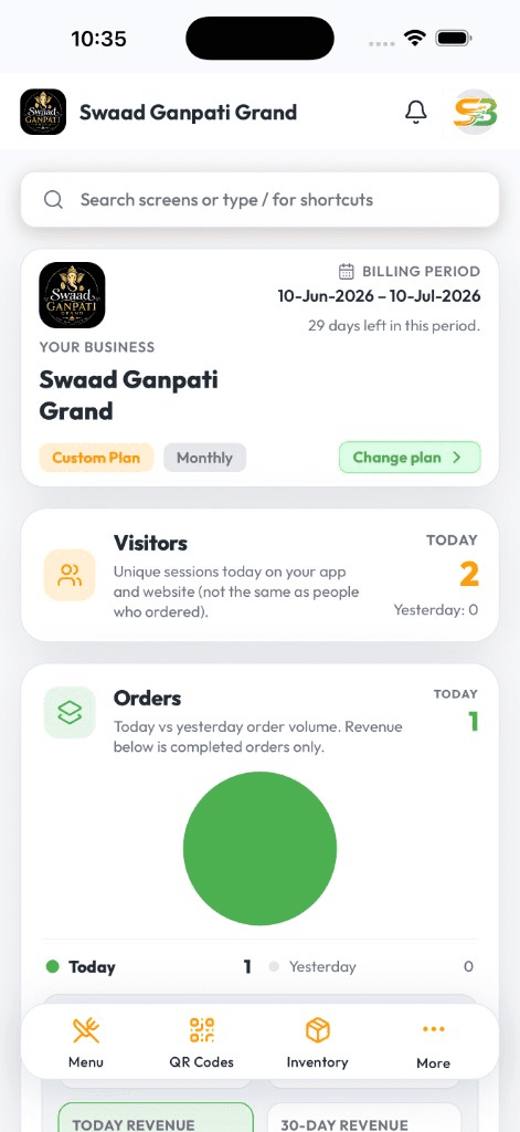 Swad POS mobile app showing visitors, orders, and billing period dashboard